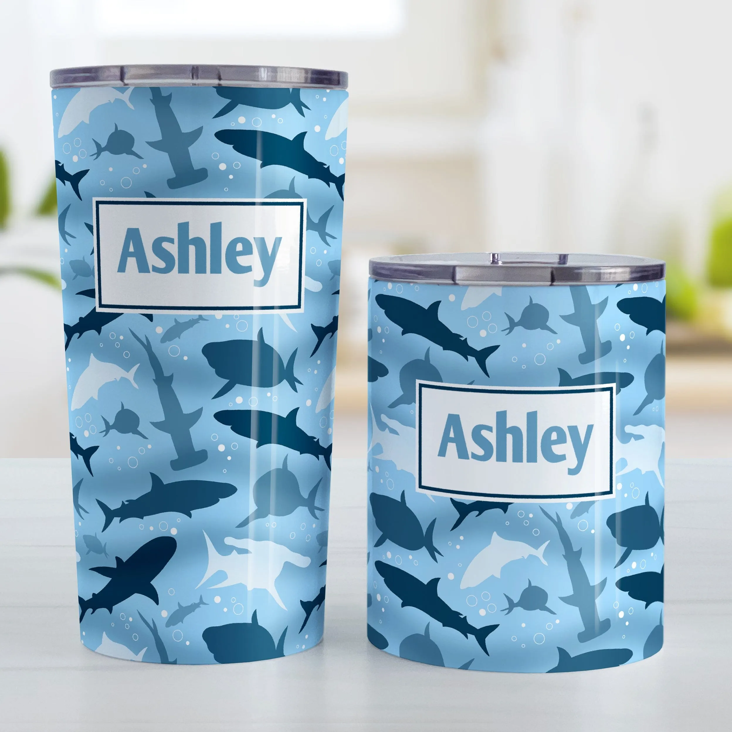 Personalized Blue Frenzy Sharks Tumbler Cup