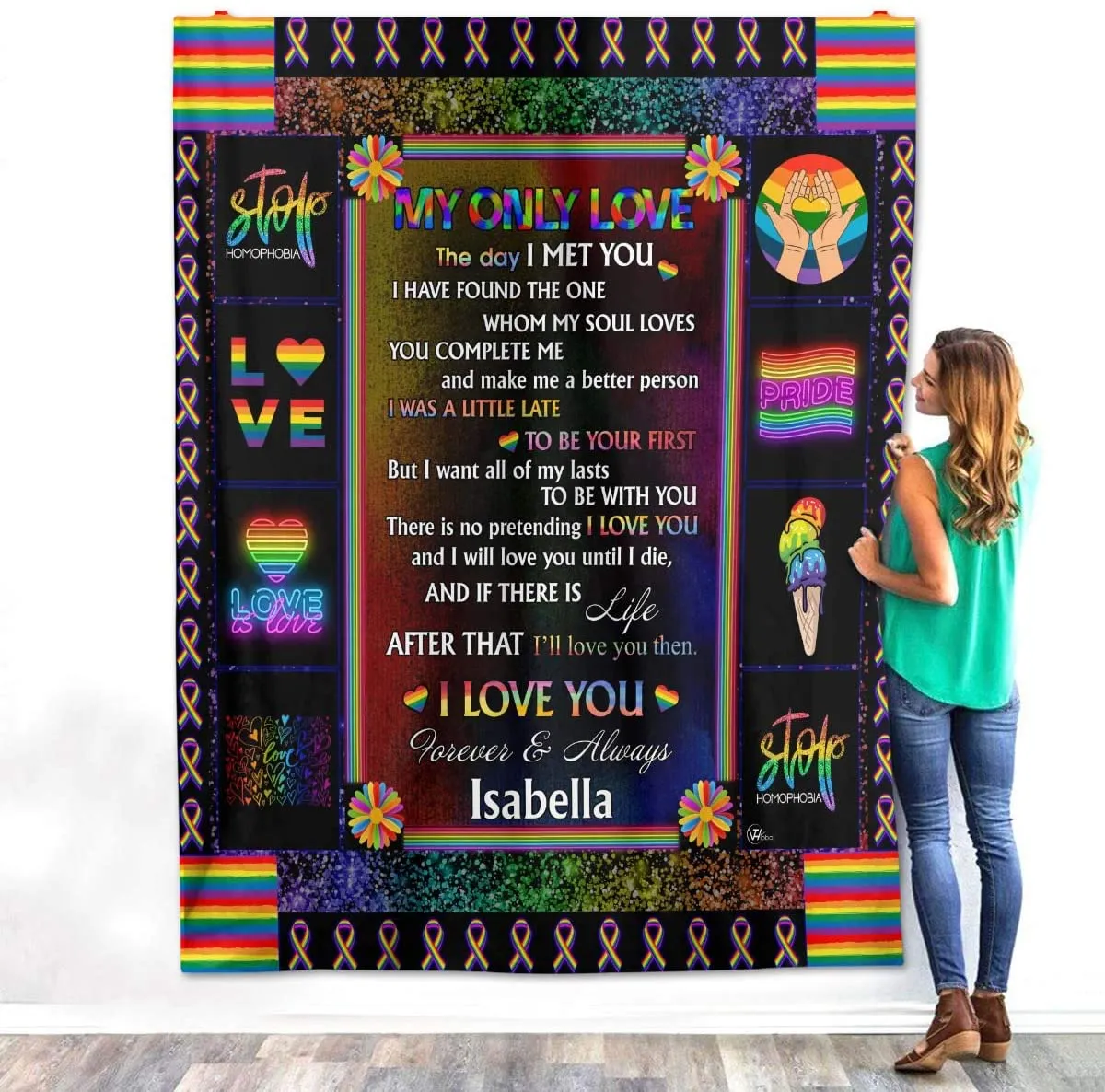 Personalized Name Rainbow Blanket, My Only Love Sherpa Fleece Throw Blanket Christmas Birthday Gay Lesbian Lgbt Pride Presents