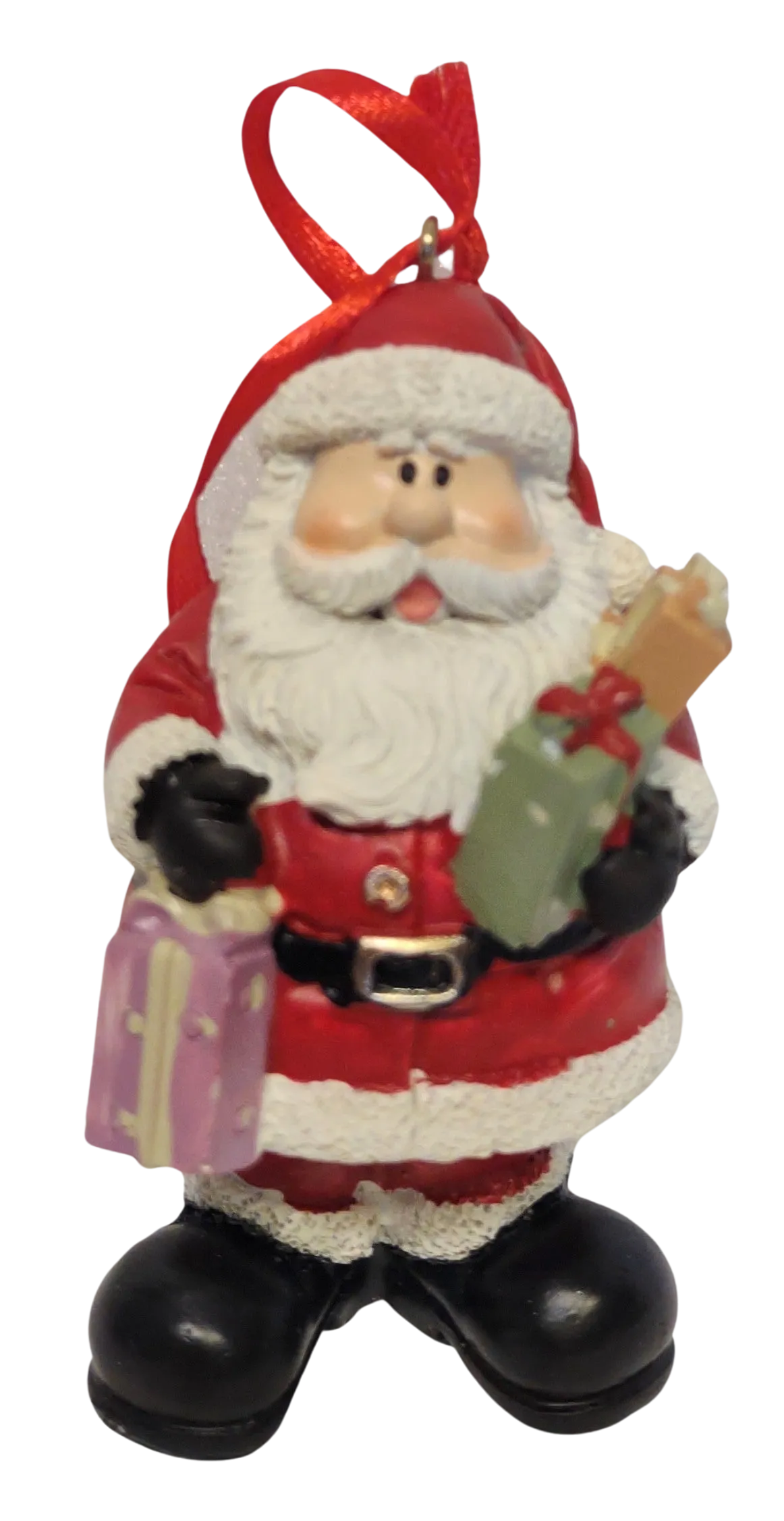 Santa Ornament Holding a Christmas Tree, Christmas Gifts or Sack of Christmas Gifts