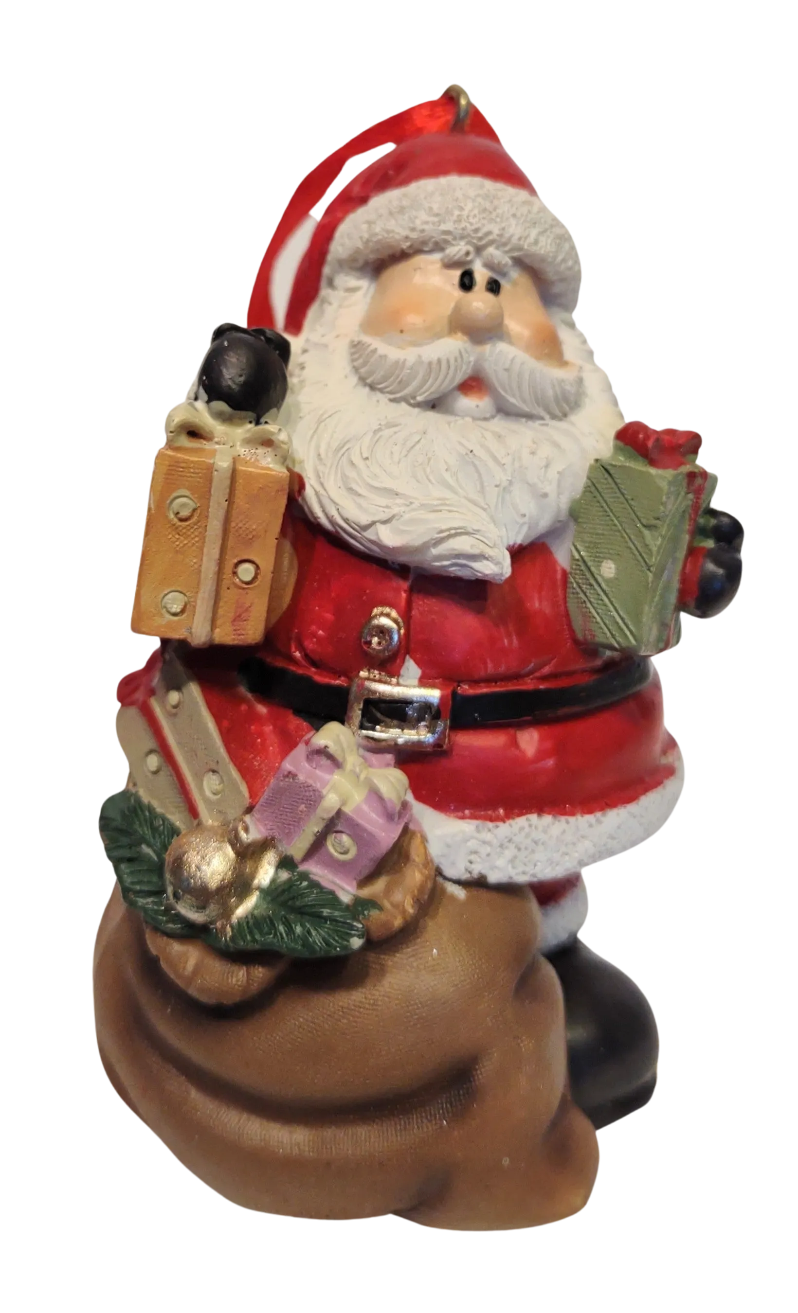 Santa Ornament Holding a Christmas Tree, Christmas Gifts or Sack of Christmas Gifts