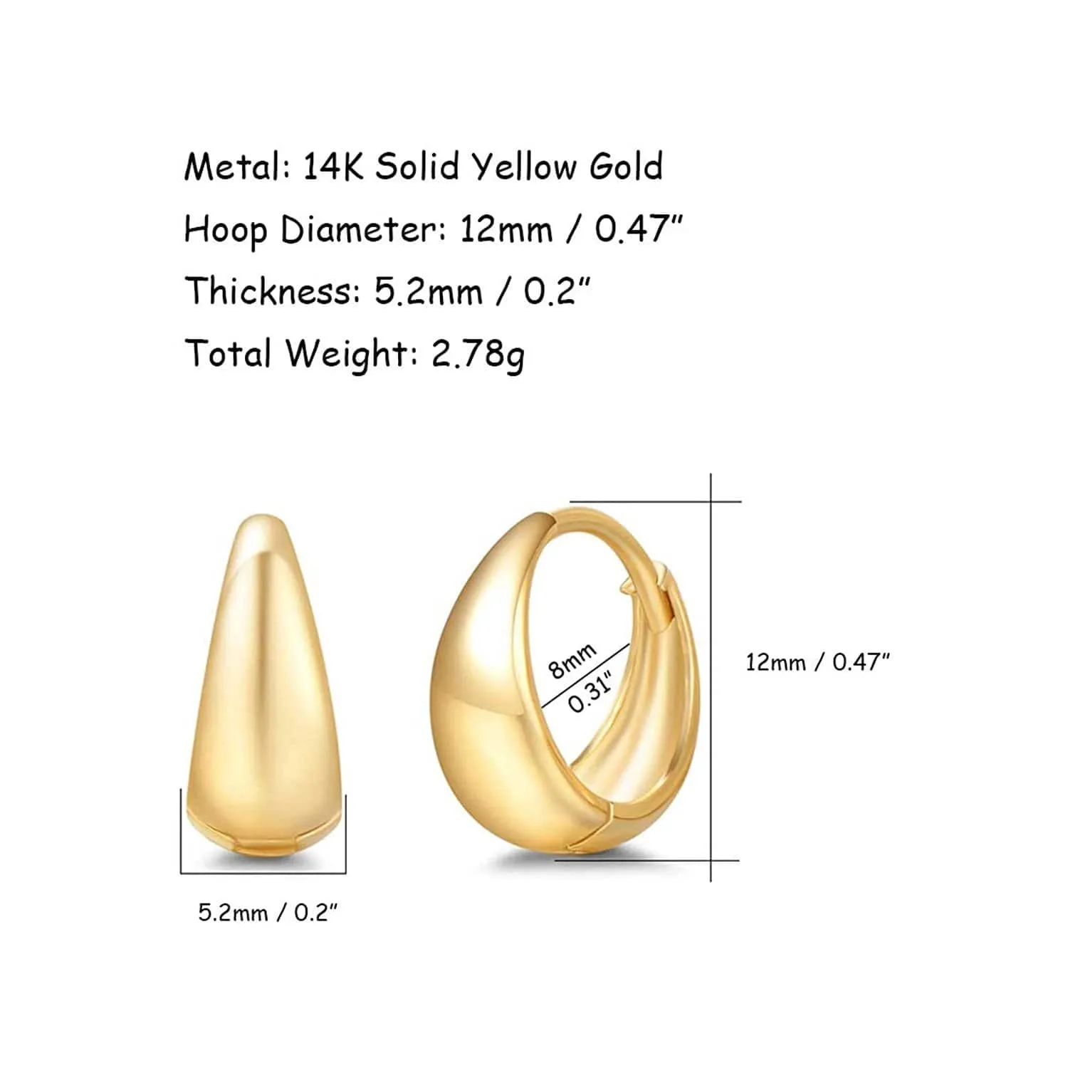 Small 18K Solid Yellow Gold Tapered Huggie Hoop Earrings