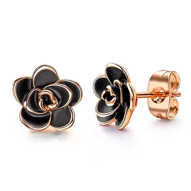 Trendy Jewelry Enamel Camellia Flower Stud Earrings for Women in Gold Color