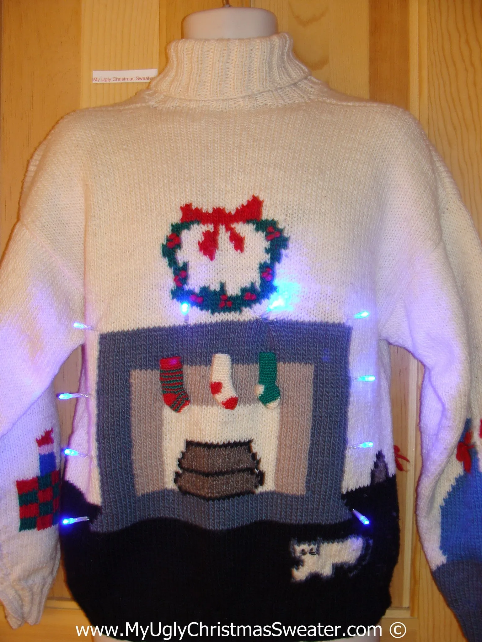 Two Sided 80s Christmas Sweater with Lights Fireplace and Tree (g217)