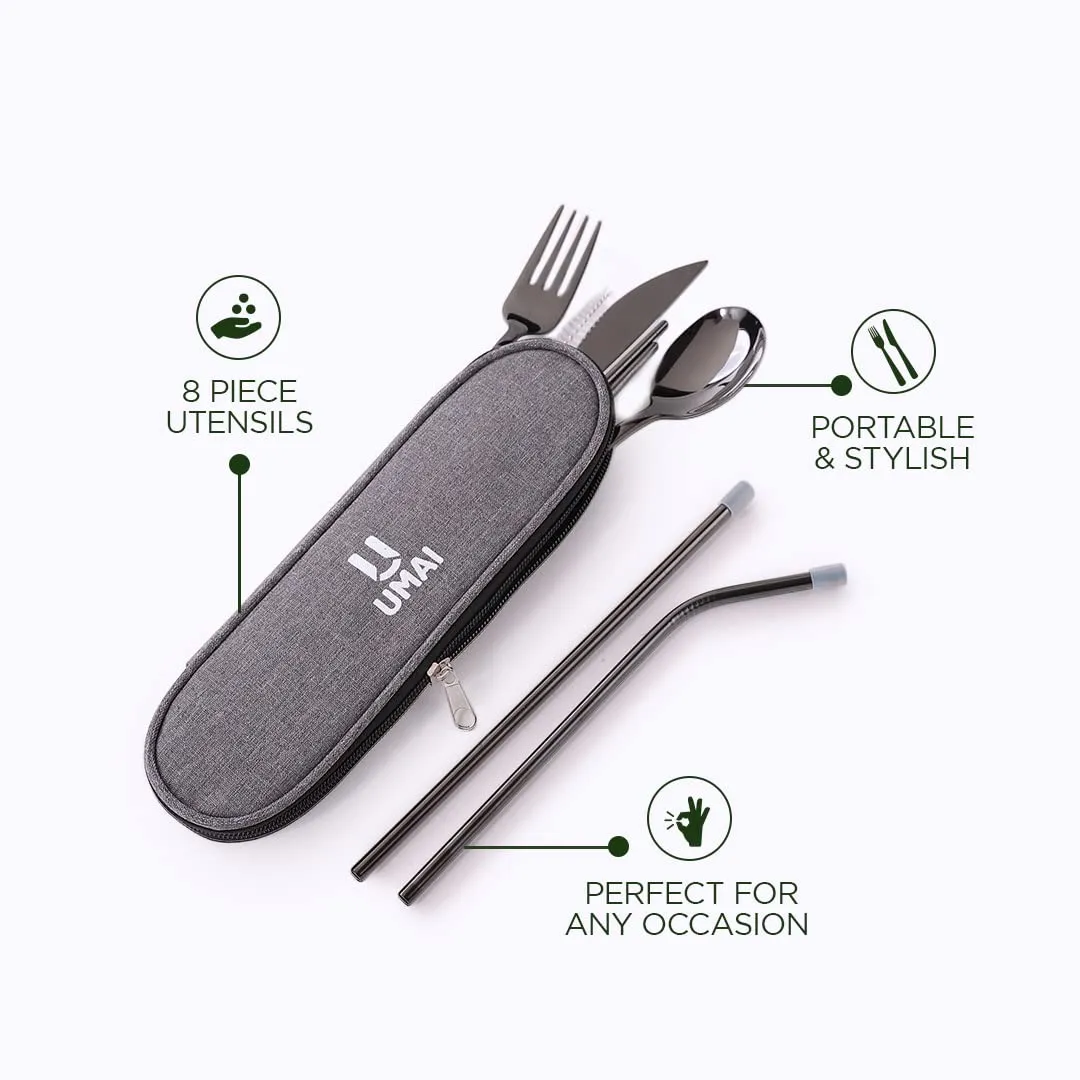 UMAI Portable 8-Piece Stainless Steel Food-Grade Utensil Set - Travel-Friendly | Camping Cutlery | Reusable | Easy to Carry | Ideal for All Occasions | Durable and Practical (Black)