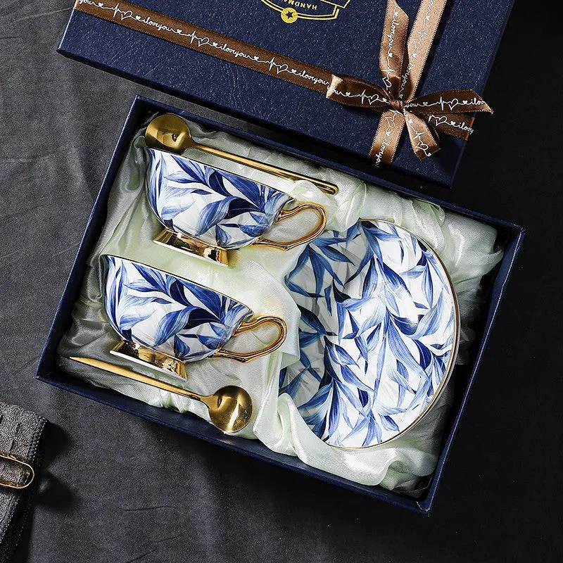 Unique British Tea Cup and Saucer in Gift Box, Blue Bone China Porcelain Tea Cup Set, Elegant British Ceramic Coffee Cups