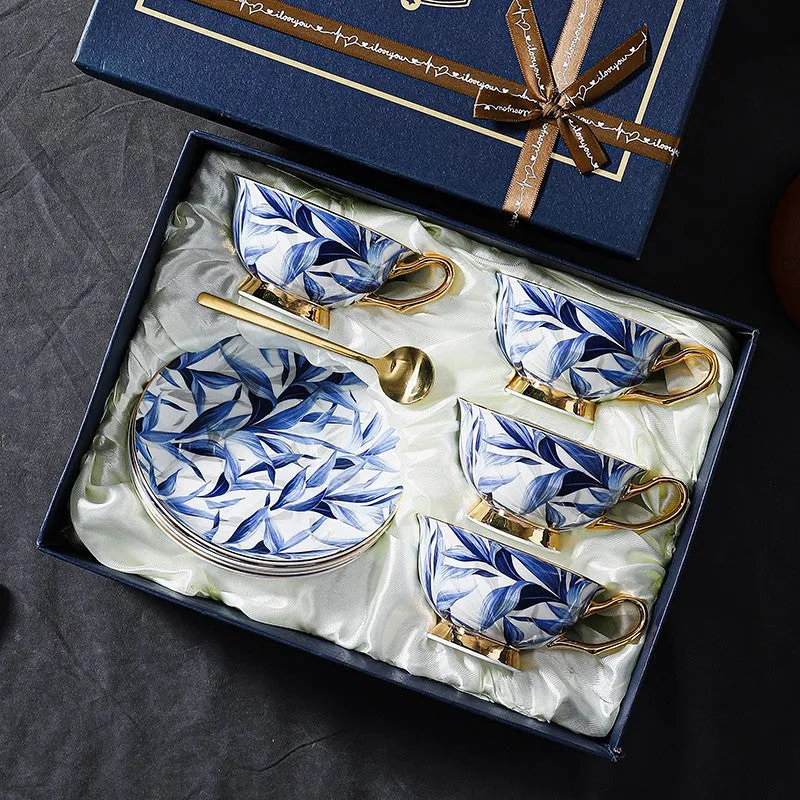 Unique British Tea Cup and Saucer in Gift Box, Blue Bone China Porcelain Tea Cup Set, Elegant British Ceramic Coffee Cups