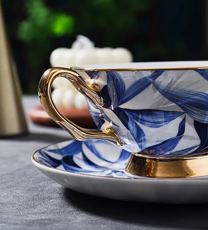 Unique British Tea Cup and Saucer in Gift Box, Blue Bone China Porcelain Tea Cup Set, Elegant British Ceramic Coffee Cups