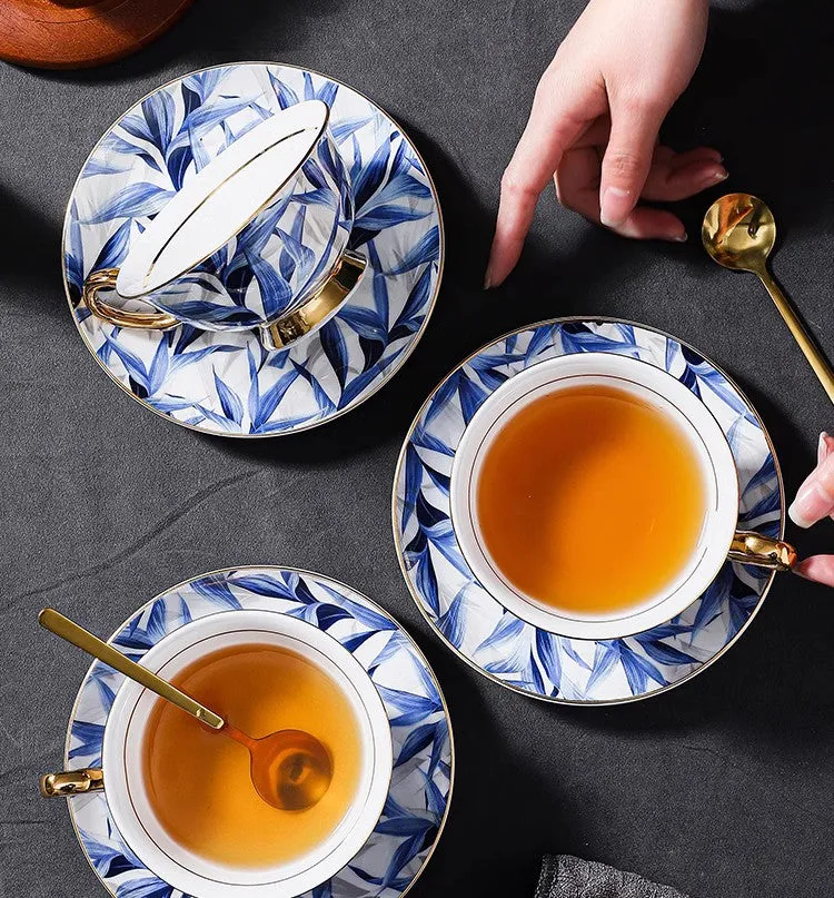 Unique British Tea Cup and Saucer in Gift Box, Blue Bone China Porcelain Tea Cup Set, Elegant British Ceramic Coffee Cups