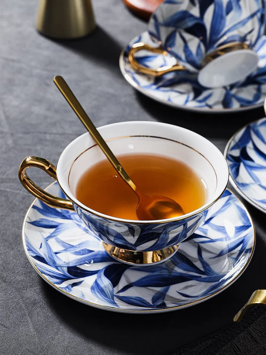 Unique British Tea Cup and Saucer in Gift Box, Blue Bone China Porcelain Tea Cup Set, Elegant British Ceramic Coffee Cups