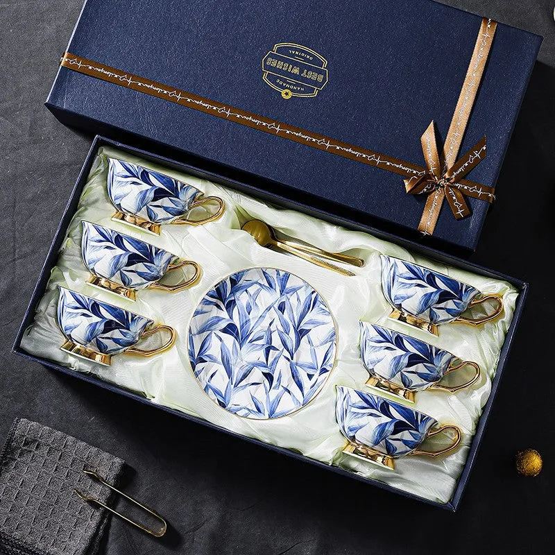 Unique British Tea Cup and Saucer in Gift Box, Blue Bone China Porcelain Tea Cup Set, Elegant British Ceramic Coffee Cups