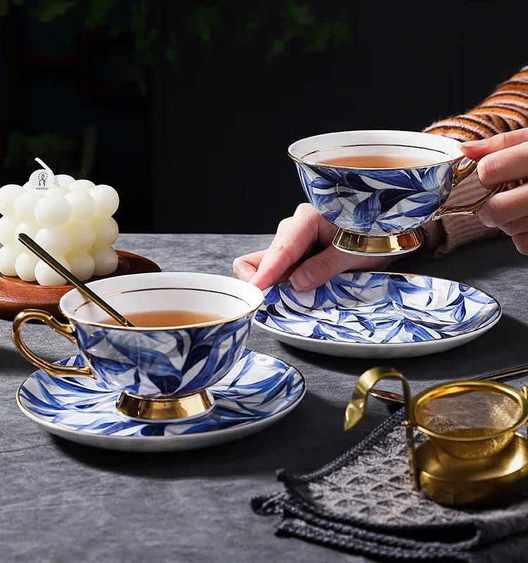 Unique British Tea Cup and Saucer in Gift Box, Blue Bone China Porcelain Tea Cup Set, Elegant British Ceramic Coffee Cups