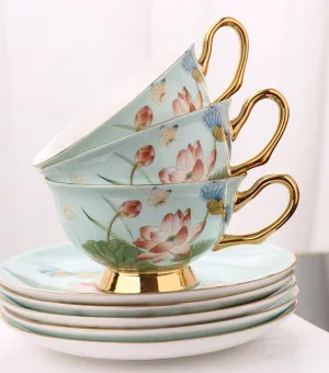 Unique British Tea Cup and Saucer in Gift Box, Lotus Flower Bone China Porcelain Tea Cup Set, Elegant British Ceramic Coffee Cups