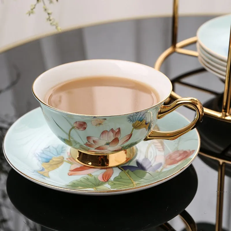 Unique British Tea Cup and Saucer in Gift Box, Lotus Flower Bone China Porcelain Tea Cup Set, Elegant British Ceramic Coffee Cups