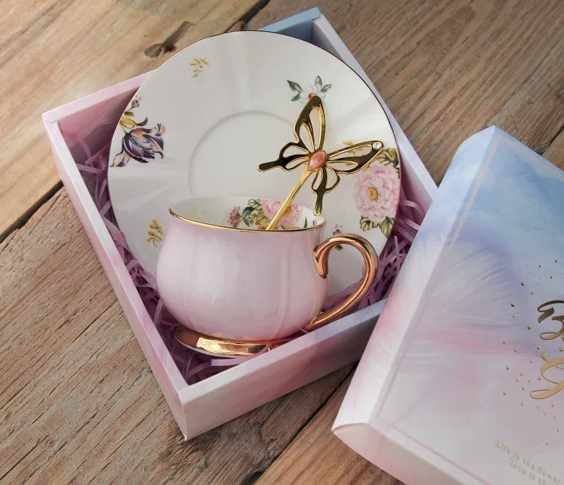 Unique Coffee Cup and Saucer in Gift Box as Birthday Gift, Elegant Pink Ceramic Cups, Beautiful British Tea Cups, Creative Bone China Porcelain Tea Cup Set