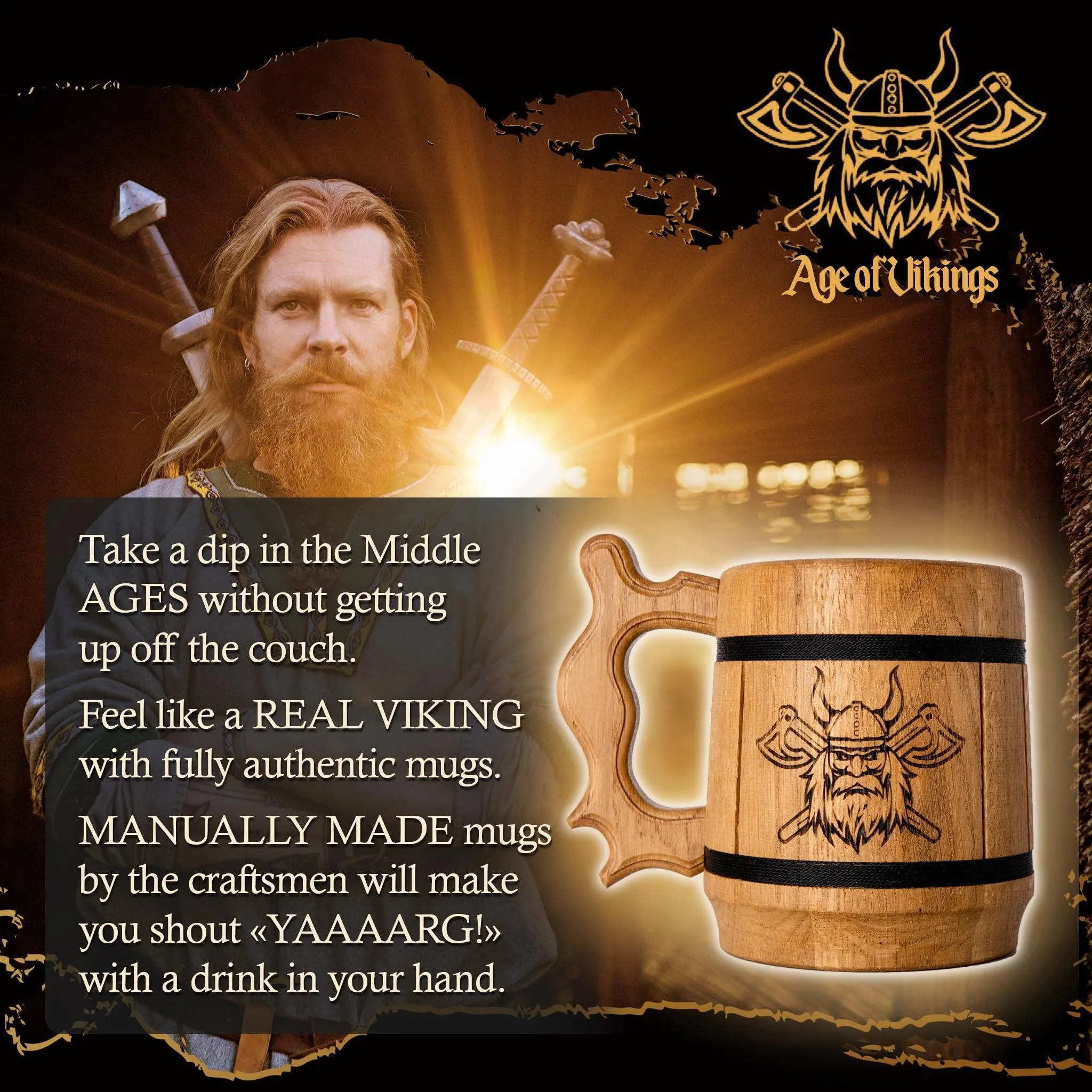 Viking Beer Mug Tankard Norse Cup for Men Stainless Steel Mug 20 oz Oak Wood