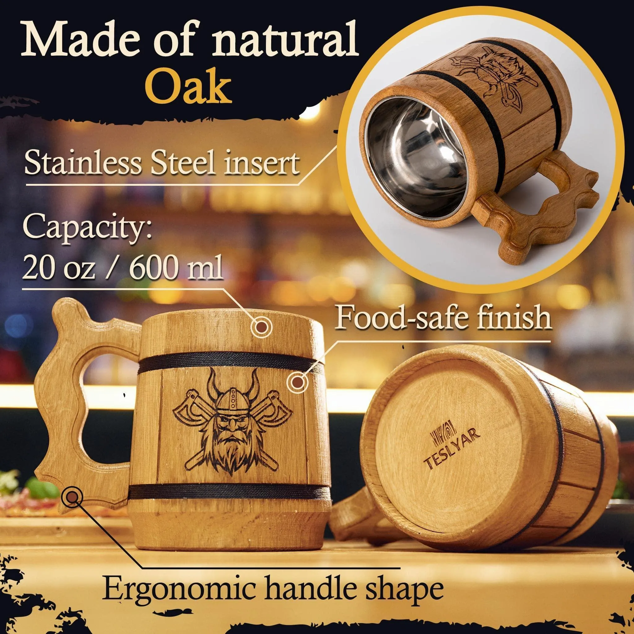 Viking Beer Mug Tankard Norse Cup for Men Stainless Steel Mug 20 oz Oak Wood