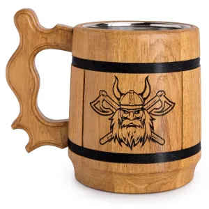 Viking Beer Mug Tankard Norse Cup for Men Stainless Steel Mug 20 oz Oak Wood