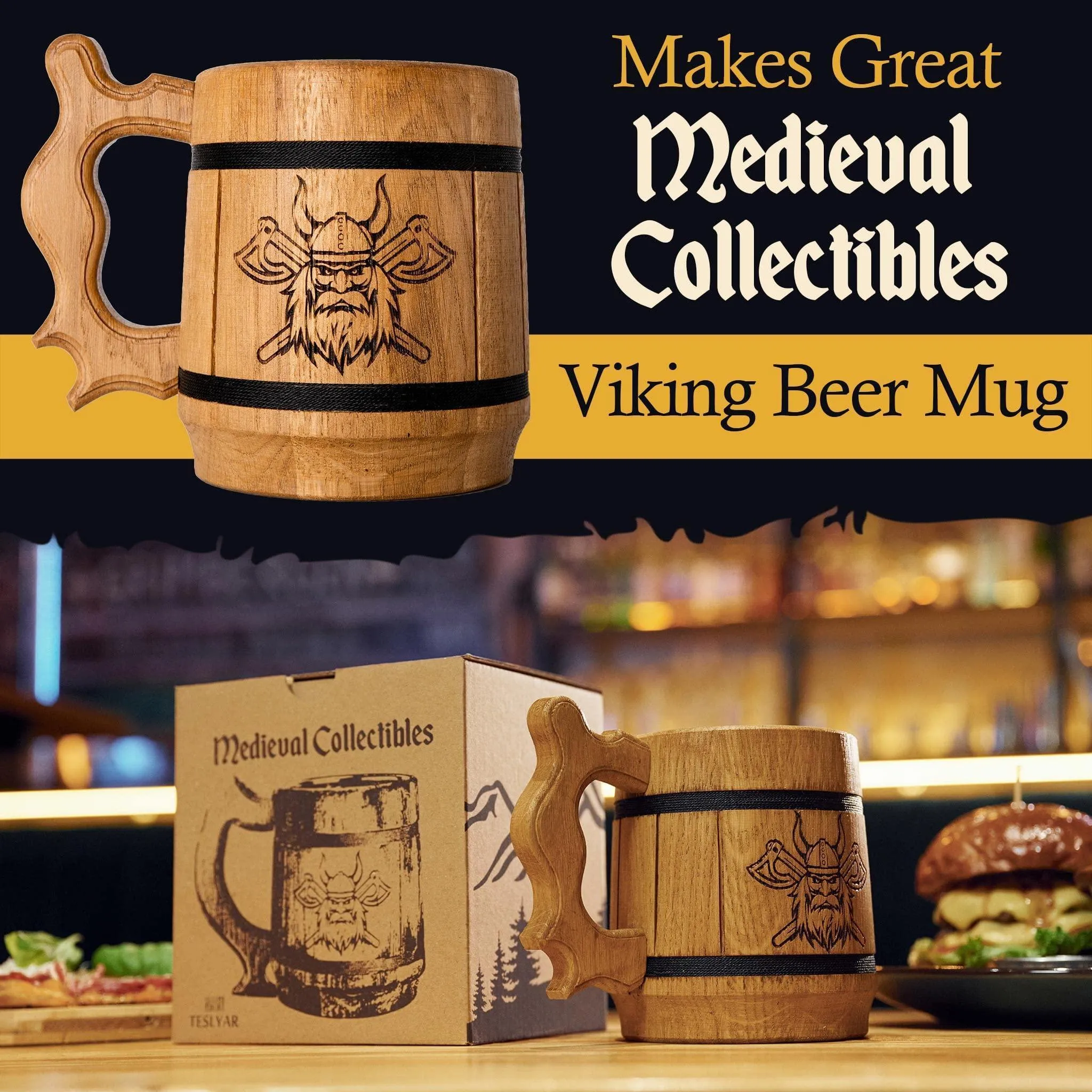 Viking Beer Mug Tankard Norse Cup for Men Stainless Steel Mug 20 oz Oak Wood