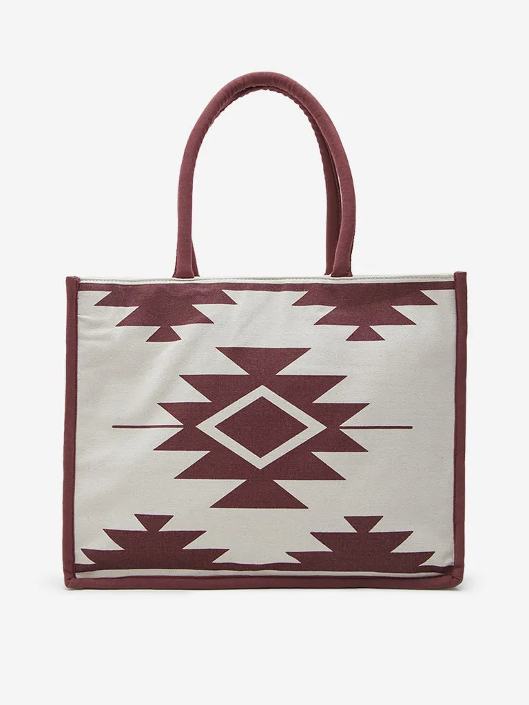 Westside Beige & Maroon Geometric Printed Tote Bag